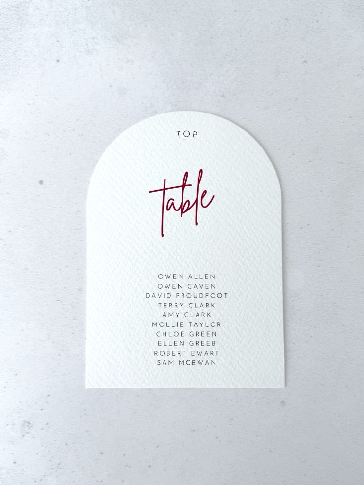 Burgundy Top Table Emma arched table plan card for seating chart for personalised on the day wedding stationery