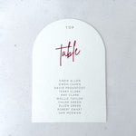 Burgundy Top Table Emma arched table plan card for seating chart for personalised on the day wedding stationery