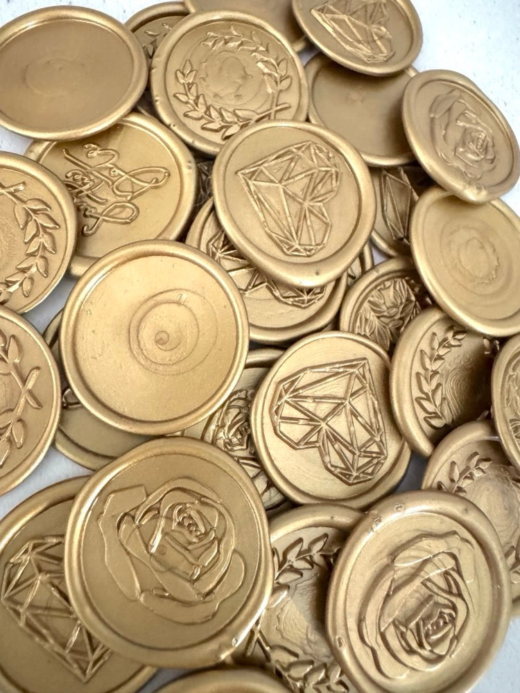 bright gold wax seal peel and stick with rose, heart, wreath and blank design