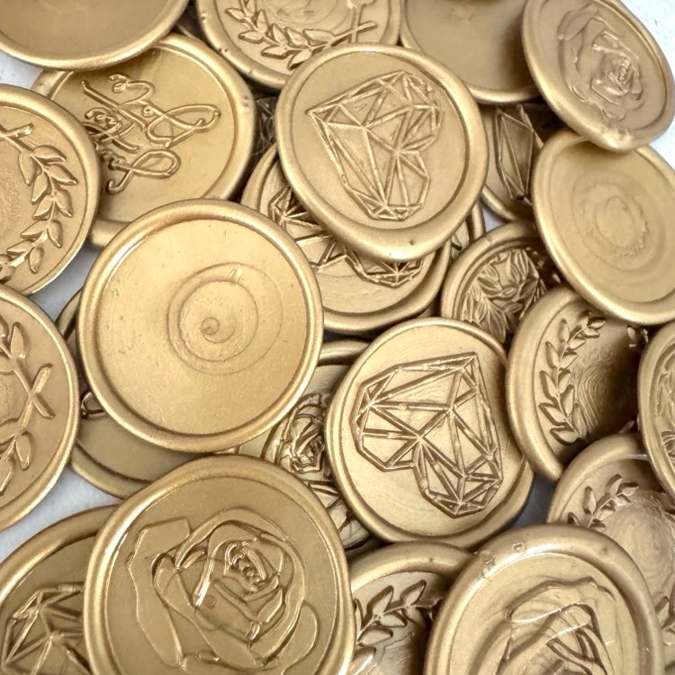 bright gold wax seal peel and stick with rose, heart, wreath and blank design
