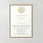Lyn evening wedding invite in white and champagne with pearl wax seal