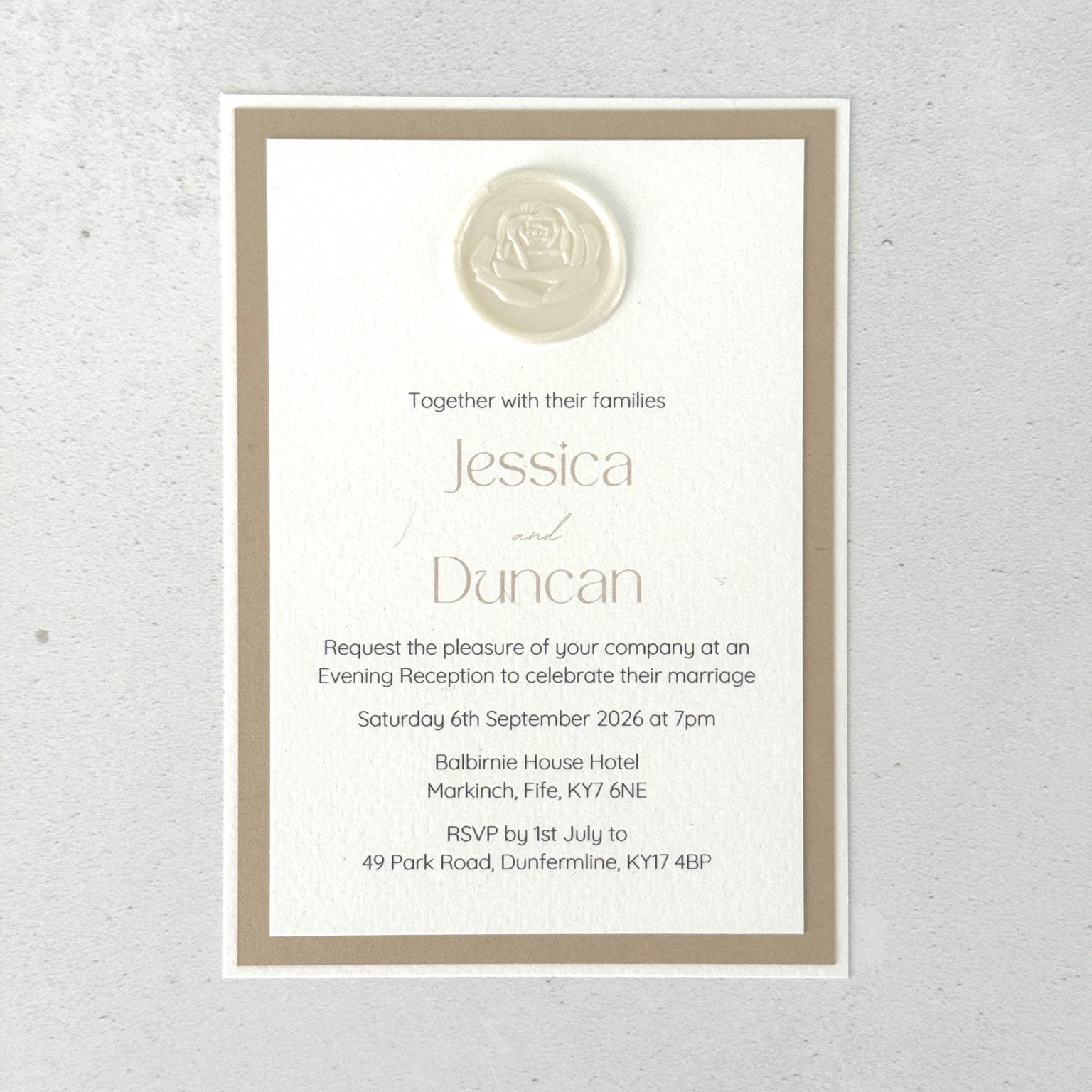 Lyn evening wedding invite in white and champagne with pearl wax seal