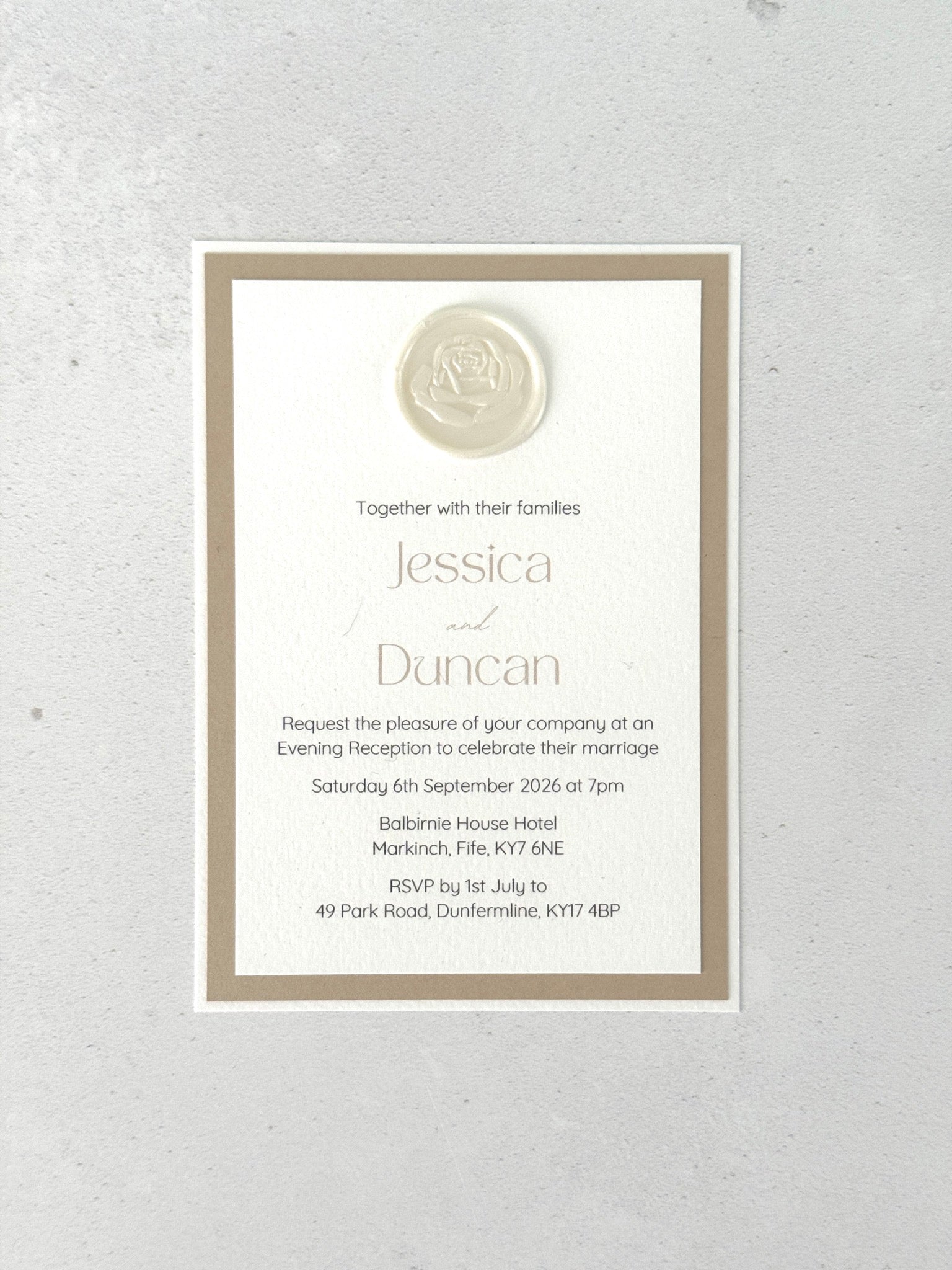 Lyn evening wedding invite in white and champagne with pearl wax seal