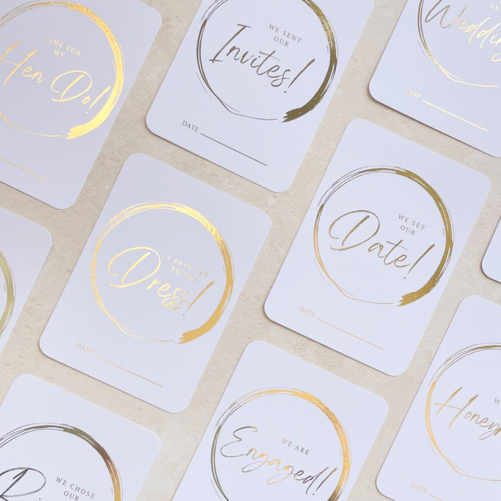 minimalist gold foil engagement milestone cards for wedding planning handmade by zara