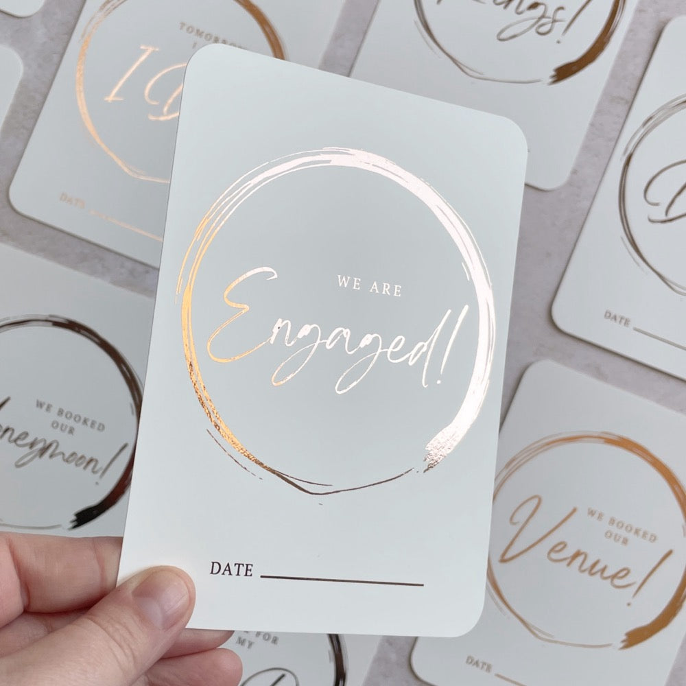 minimalist brush rose gold circle engagement milestone cards for wedding planning or gift