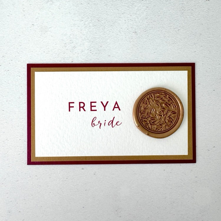 Burgundy and gold Zoe wax seal modern minimalist printed guest name place card on the day stationery