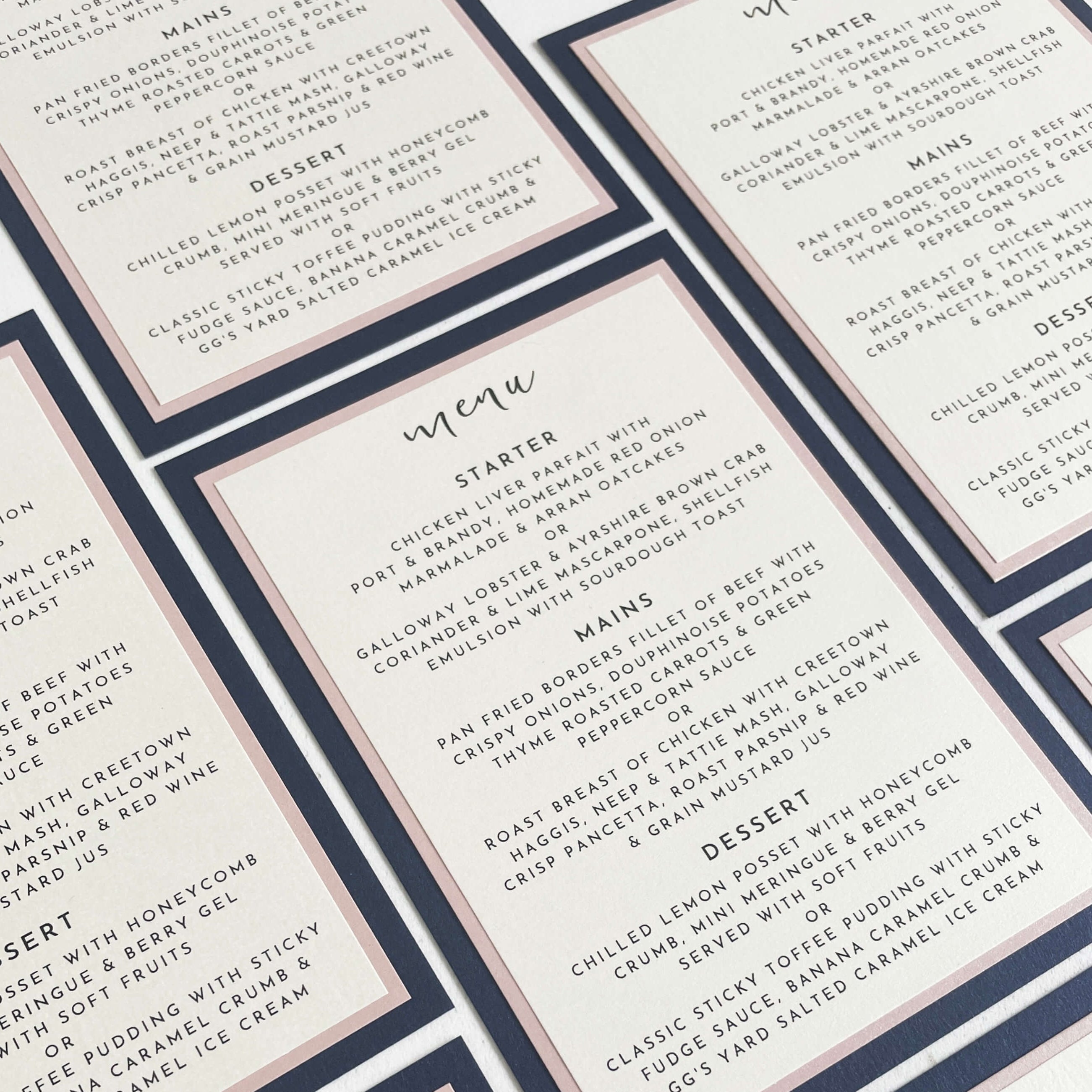 pink and navy wedding menu postcard