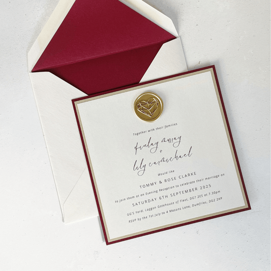 LILY square postcard evening invite burgundy and gold