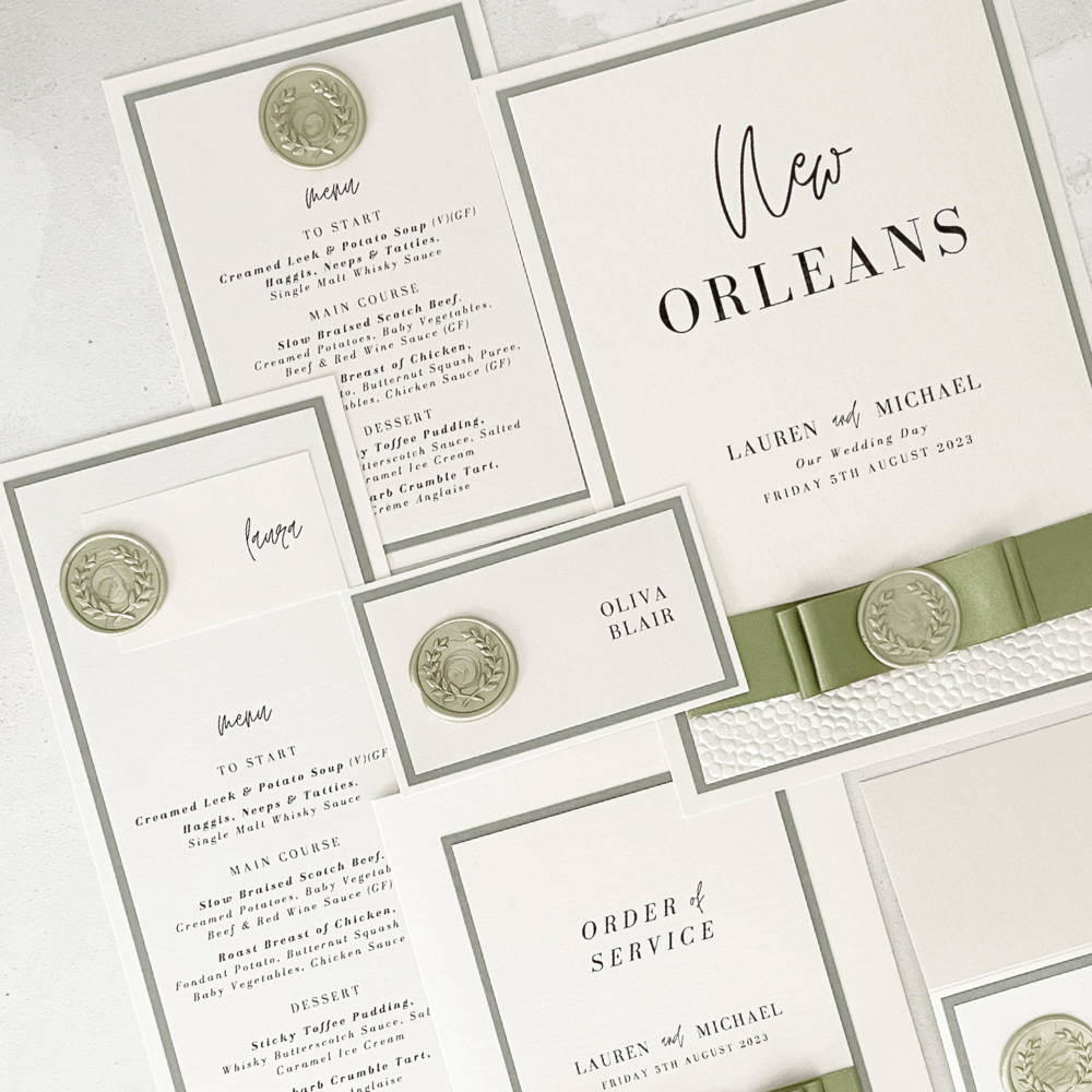 Sage green on the day stationery place card menu