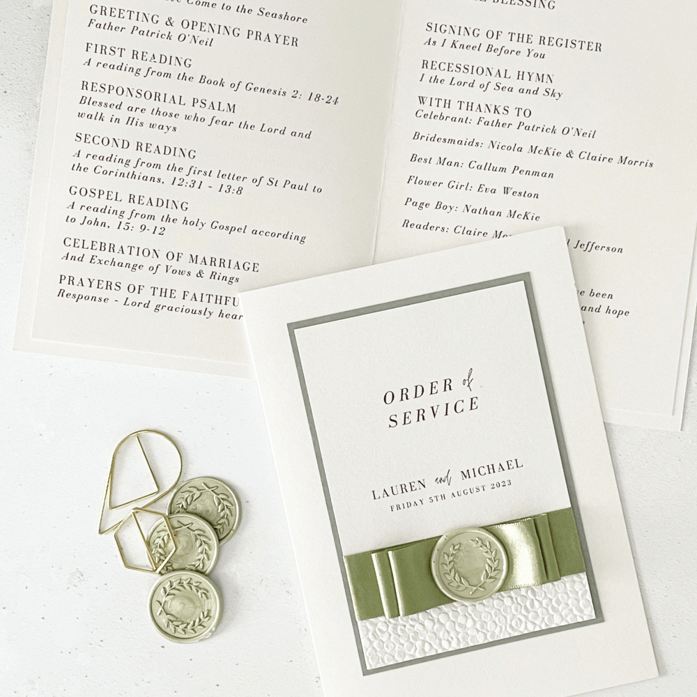 Sage green wax seal wedding order of service