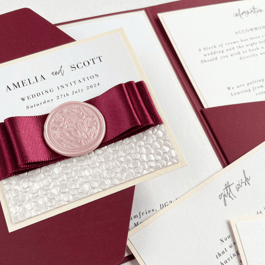 burgundy and pink wax seal ailsa pocketfold wedding invite with details cards