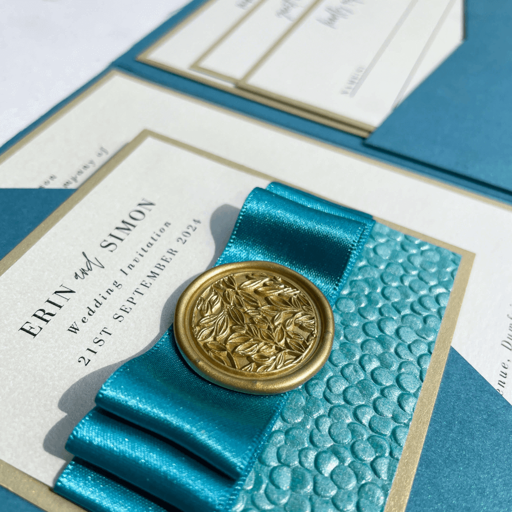 teal and gold handmade pocket fold wedding invitation 