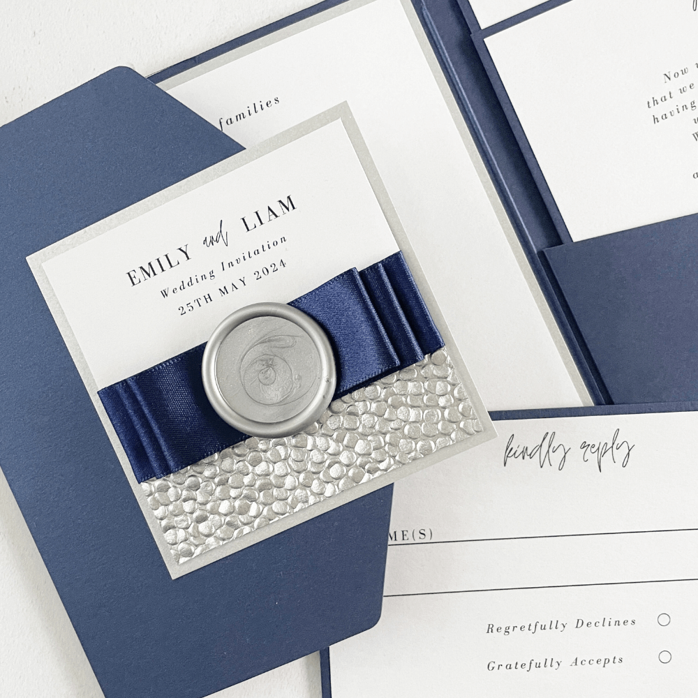 navy and silver wedding invite handmade by zara