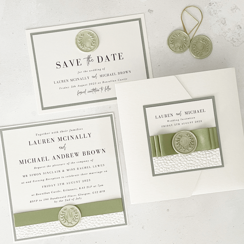 AILSA Save the date card sage and cream wedding invitation suite