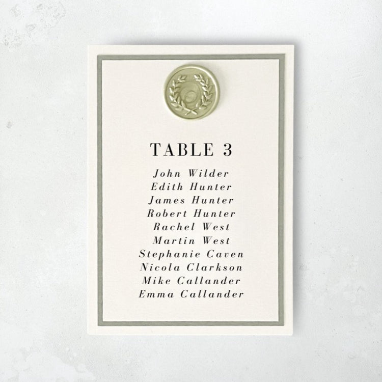 Ailsa sage green wax seal table plan card handmade by zara dumfries