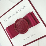 Ailsa burgundy wax seal and satin bow pocketfold wedding invite