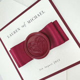 Ailsa burgundy wax seal and satin bow pocketfold wedding invite