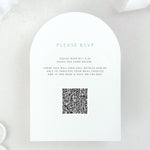Arch shaped details card for venue illustration wedding invite including QR code 