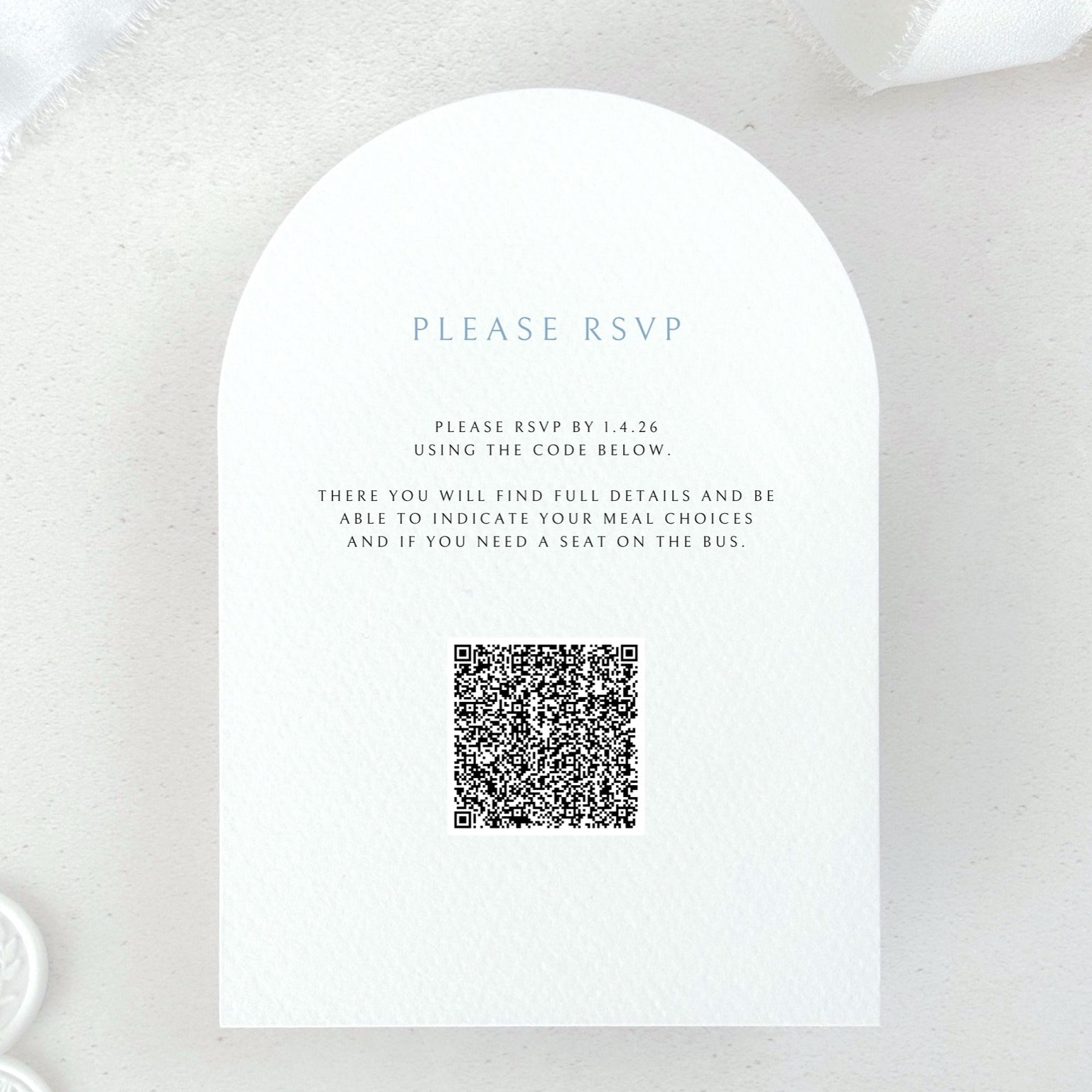 Arch shaped details card for venue illustration wedding invite including QR code 