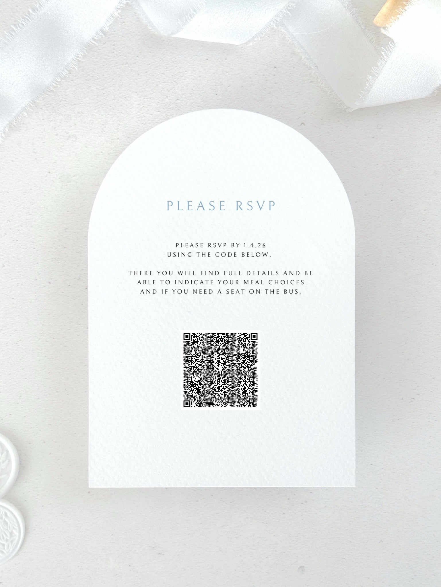 Arch shaped details card for venue illustration wedding invite including QR code 