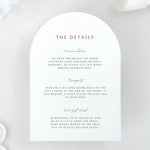 Wedding invitation details card with personalised wording including transport and gift wish