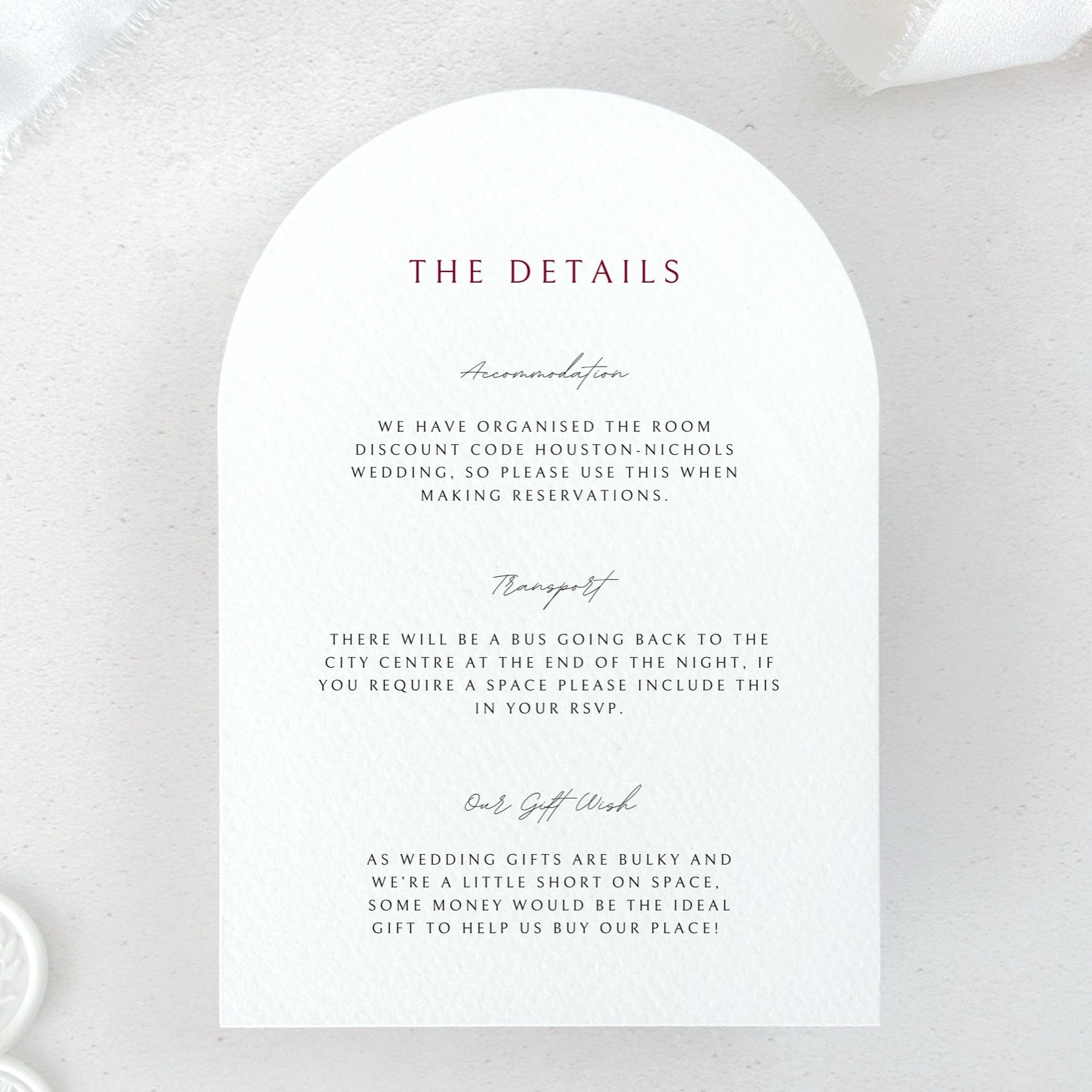 Wedding invitation details card with personalised wording including transport and gift wish