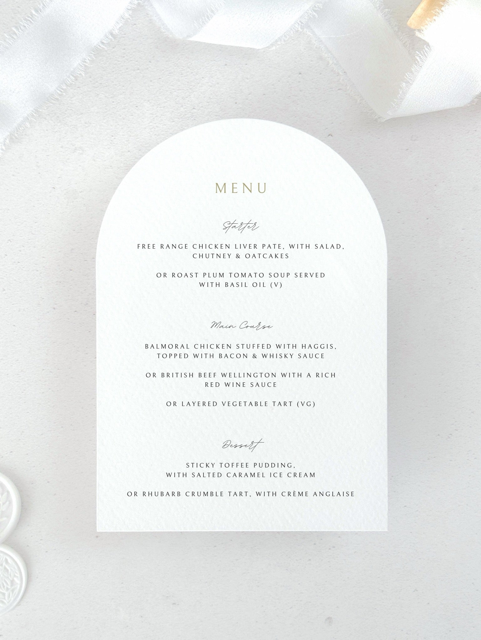 Additional details card for wedding invite with menu choices 