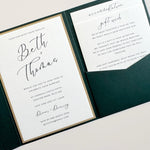 Beth calligraphy style pocketfold wedding invite in racing green and gold