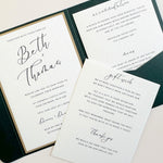 Beth pocket fold wedding invite with two details cards for accommodations, menu, and gitt wish