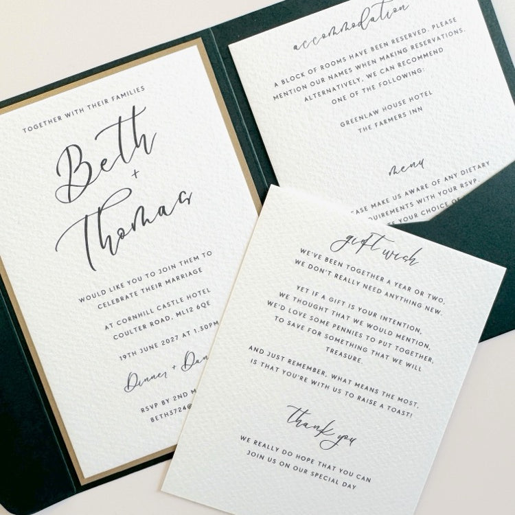 Beth pocket fold wedding invite with two details cards for accommodations, menu, and gitt wish