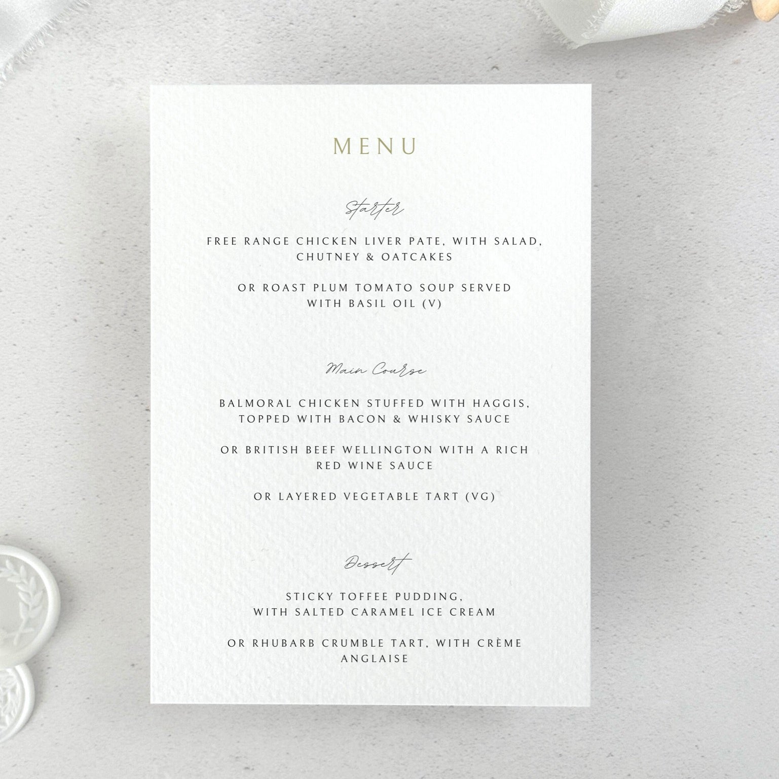 personalised details card for menu options for wedding invite