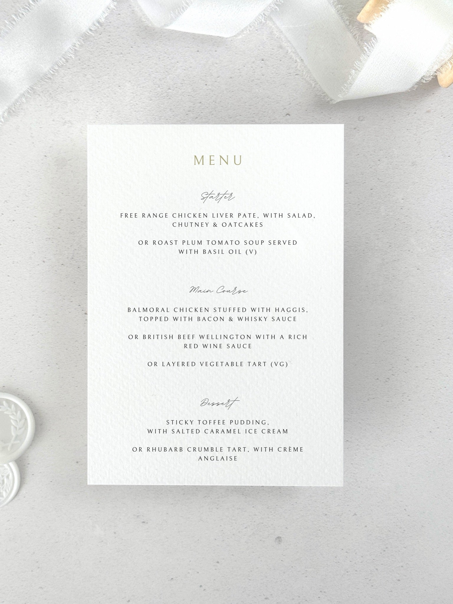 personalised details card for menu options for wedding invite