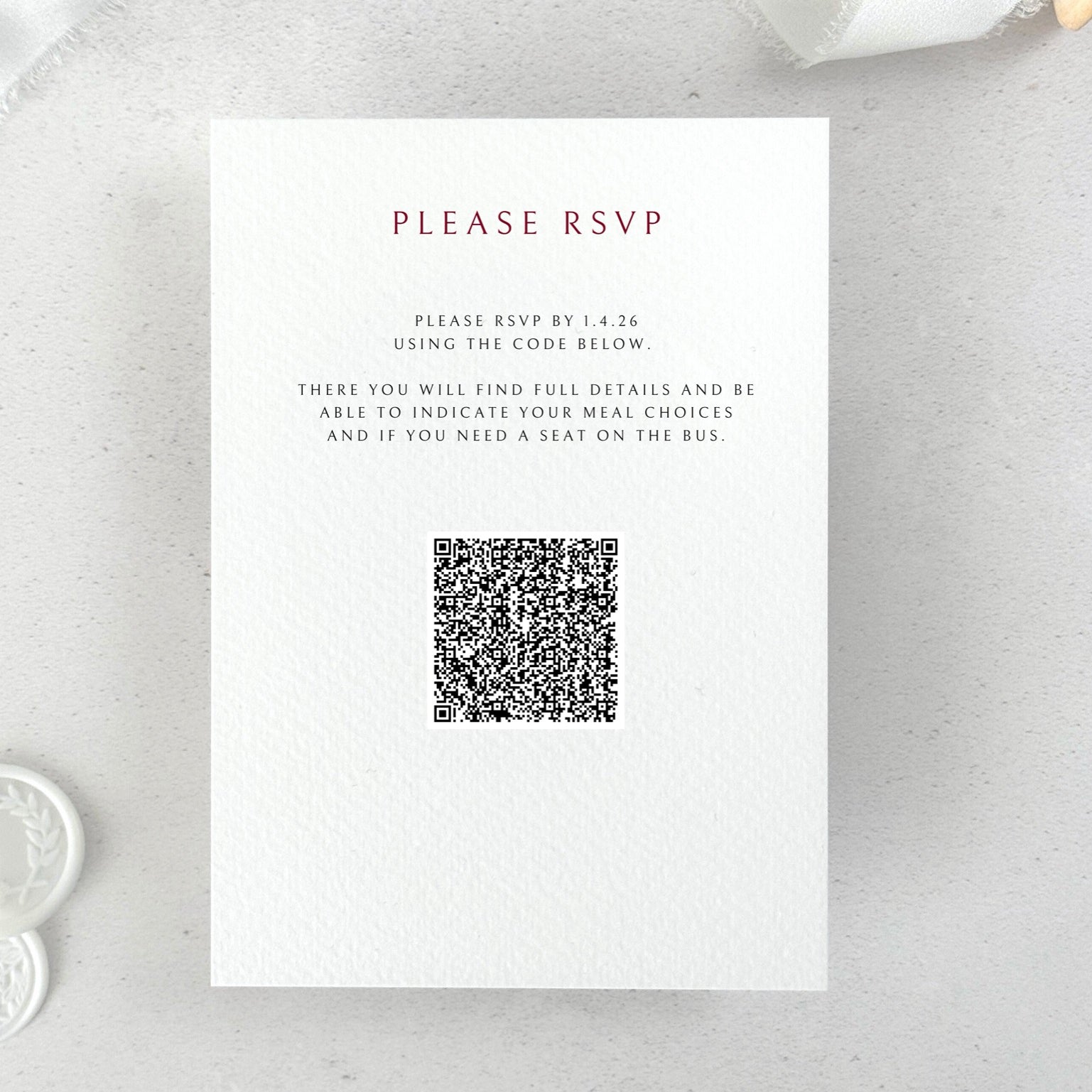 Customised wedding invite details card with Qr code for RSVP
