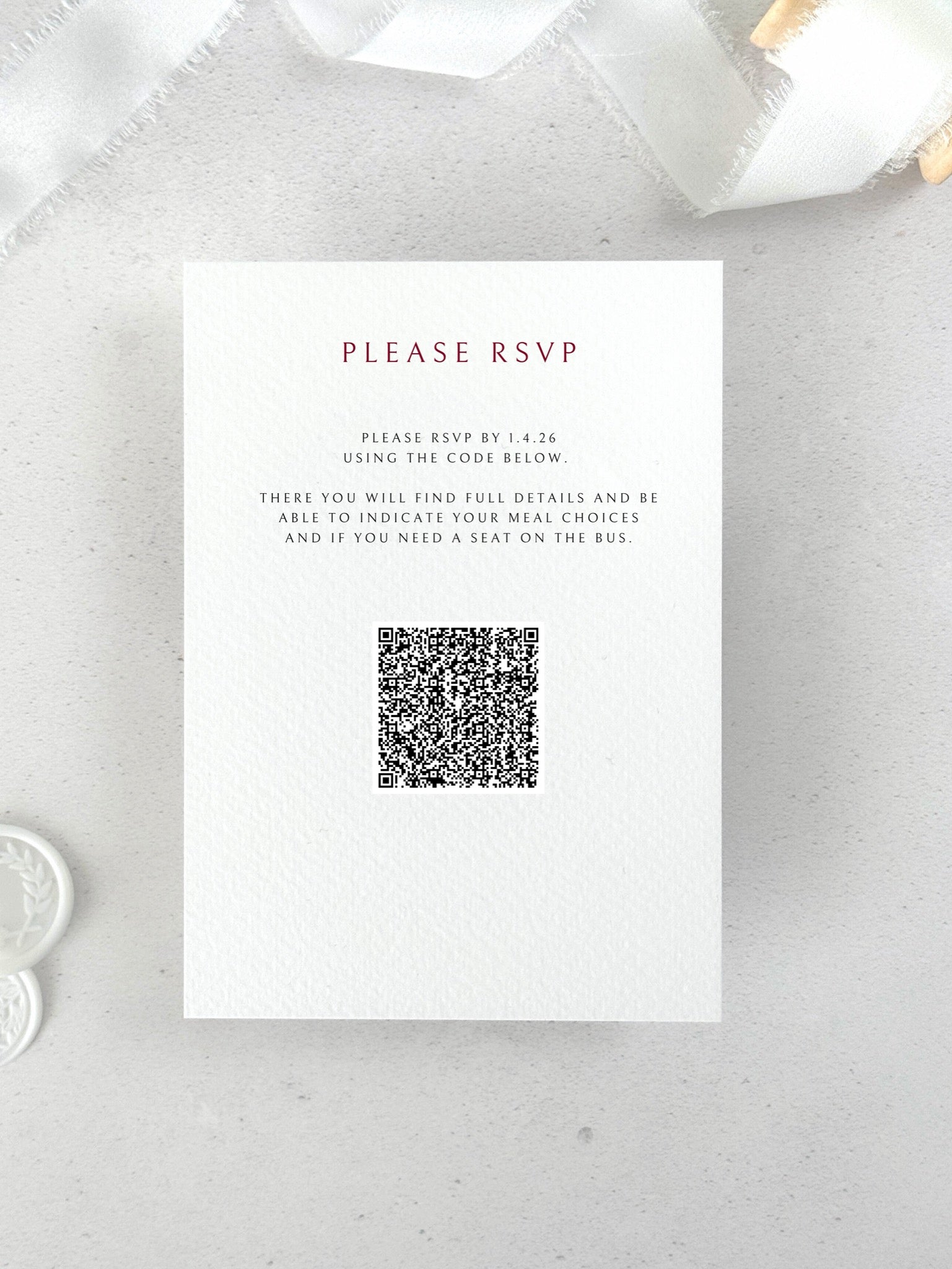 Customised wedding invite details card with Qr code for RSVP