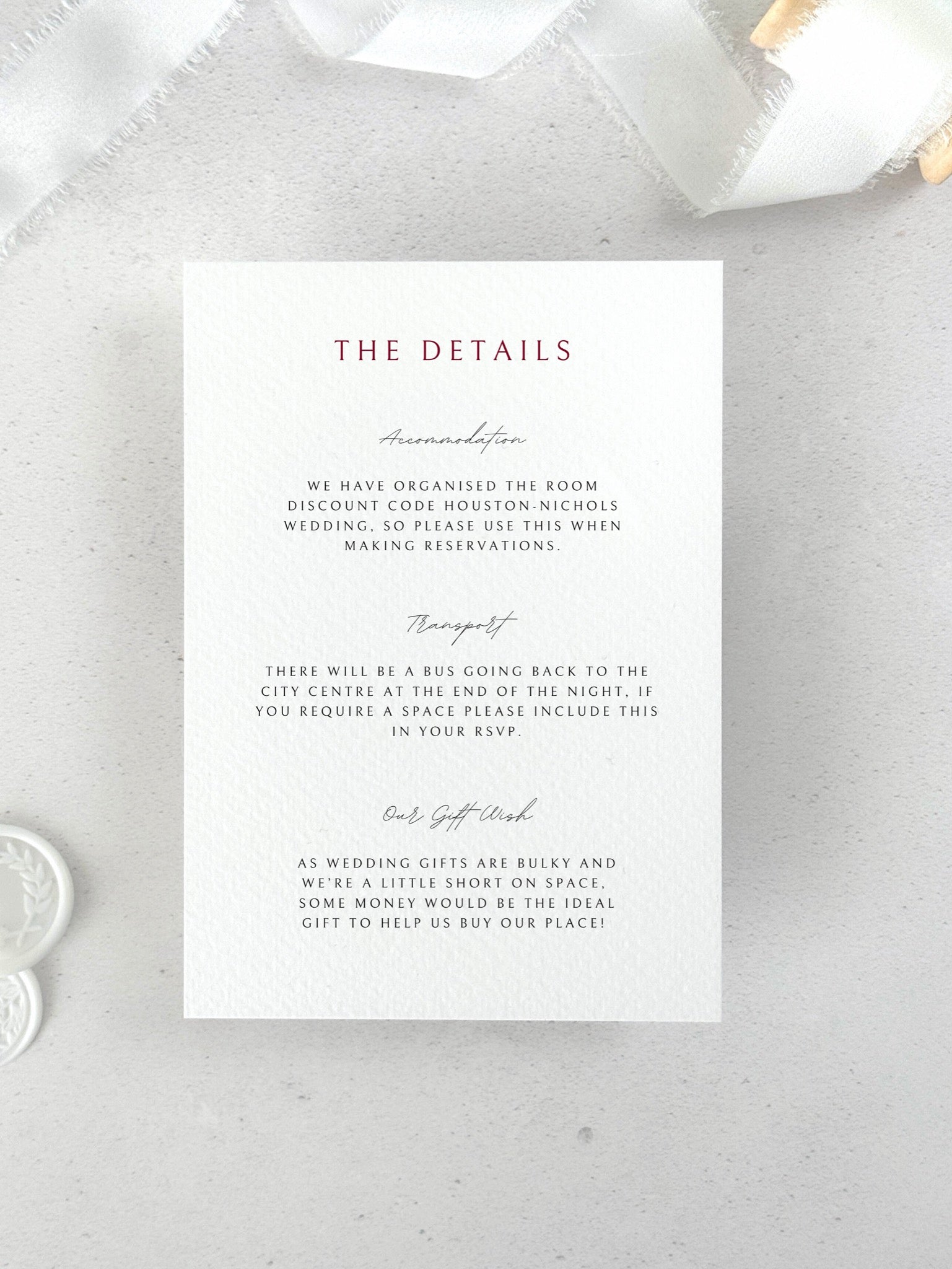 Additional details card for wedding invite with accommodation info and gift wish