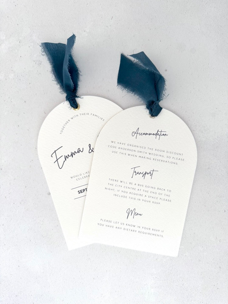 Emma navy silk ribbon arch double sided wedding invite with details for accommodation, transport and wedding info