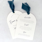 Emma navy silk ribbon arch double sided wedding invite with details for accommodation, transport and wedding info