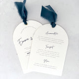 Emma navy silk ribbon arch double sided wedding invite with details for accommodation, transport and wedding info