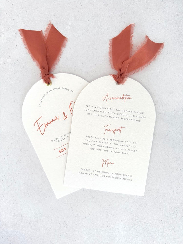 Emma arch wedding invite in terracotta orange with silk ribbon. Double sided for wedding info like menu options. 