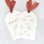 Emma arch wedding invite in terracotta orange with silk ribbon. Double sided for wedding info like menu options. 