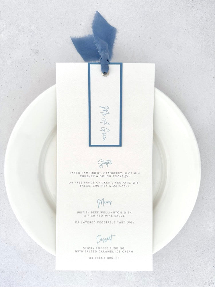 on the day stationery emma dusky blue silk ribbon wedding menu