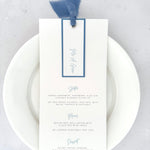 on the day stationery emma dusky blue silk ribbon wedding menu