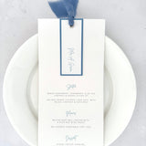 on the day stationery emma dusky blue silk ribbon wedding menu