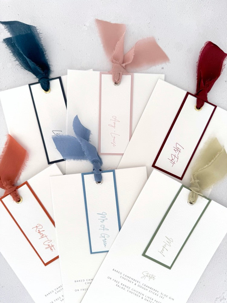 Emma personalised  name tag wedding menus with silk ribbon in 6 colours