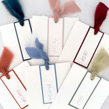 Emma personalised  name tag wedding menus with silk ribbon in 6 colours