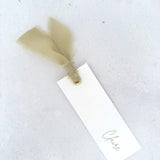 Emma sage green silk ribbon place card for wedding breakfast tables, with printed guest name