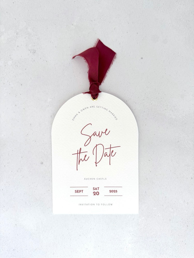 Burgundy ribbon save the date card with metal eyelet Auchen Castle