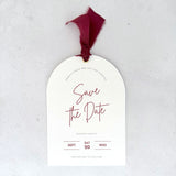 Burgundy ribbon save the date card with metal eyelet Auchen Castle