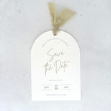 Textured white arched shaped save the date card with sage green ribbon and  metal eyelet Handmade by Zara Dumfries