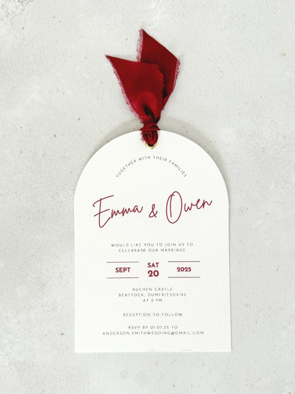 Emma arch invite burgundy silk ribbon handmade by zara